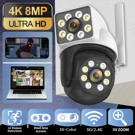 8MP 5G 4K IP Wifi Camera Dual Lens Outdoor 8x Zoom Surveillance Cameras CCTV Ai Human Detect Waterproof Full Color Night Vision