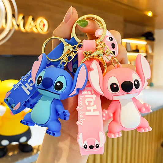 Anime Disney Keychain Cartoon Minnie Mouse Mickey Stitch Cute Doll PVC Keyring Ornament Key Chain Car Pendant Kids Toys Gifts