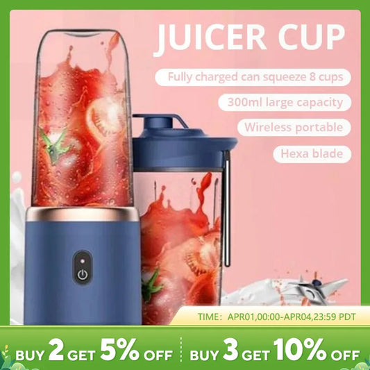 Portable Small Electric Juicer Stainless Steel Blade Cup Juicer Fruit Automatic Smoothie Blender Kitchen Tool