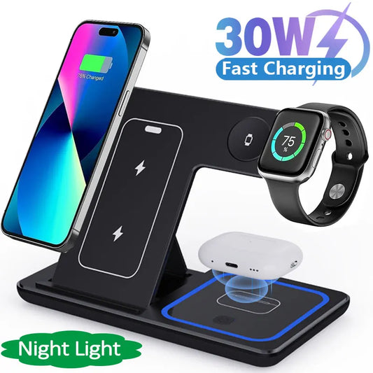 LED Fast Wireless Charger Stand 3 in 1 Foldable Charging Station For iPhone 15 14 13 12 11 Apple Watch 9 8 7 6 5 Airpods Pro