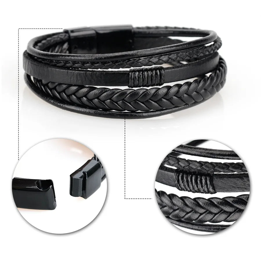 Trendy Leather Bracelets Men Stainless Steel Multilayer Braided Rope Bracelets For Male Bracelets Jewelry Pulsera Hombre