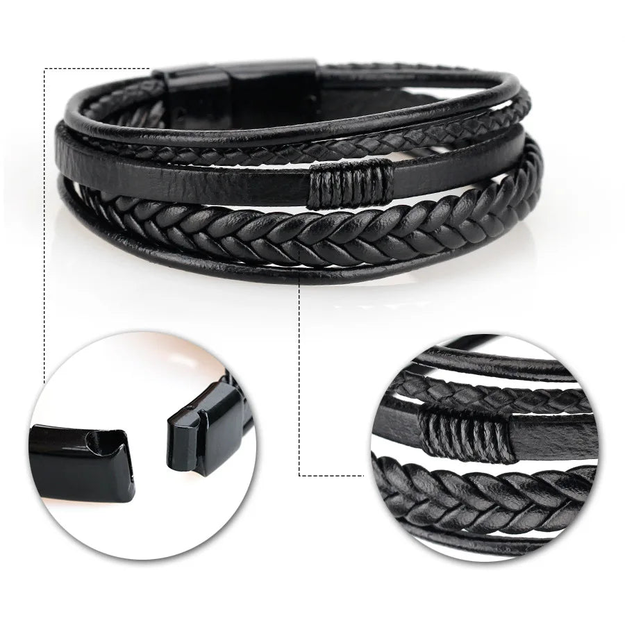 Trendy  Leather Bracelets Men Stainless Steel Multilayer Braided Rope Bracelets For Male Bracelets Jewelry Pulsera Hombre