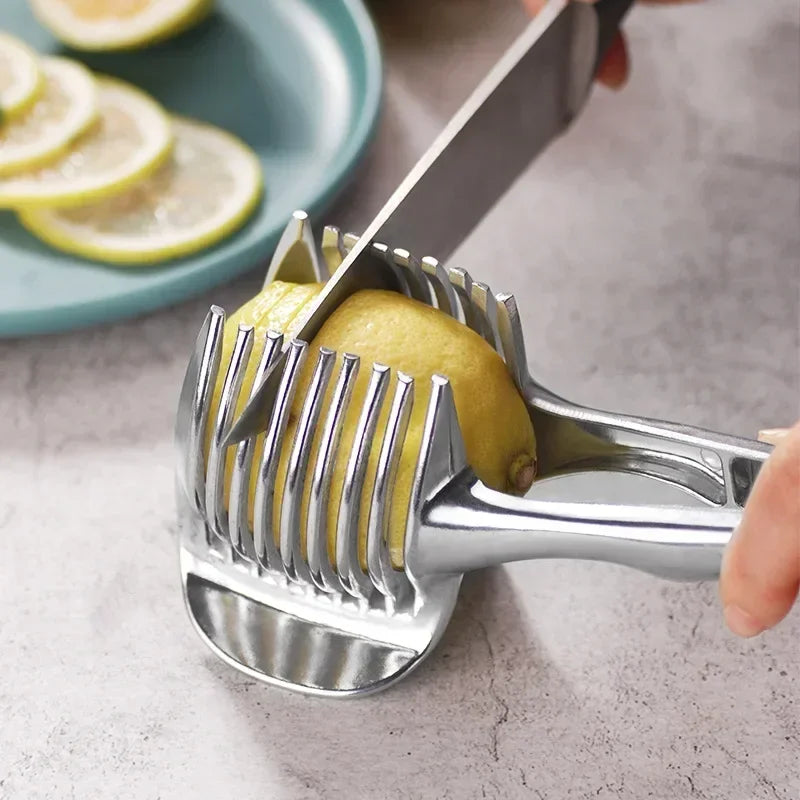 Kitchen Gadgets Handy Stainless Steel Onion Holder Potato Tomato Slicer Vegetable Fruit Cutter Safety