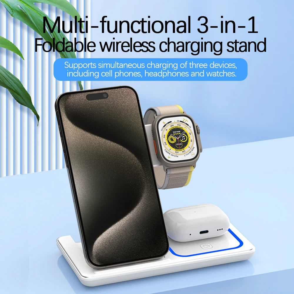 LED Fast Wireless Charger Stand 3 in 1 Foldable Charging Station For iPhone 15 14 13 12 11 Apple Watch 9 8 7 6 5 Airpods Pro