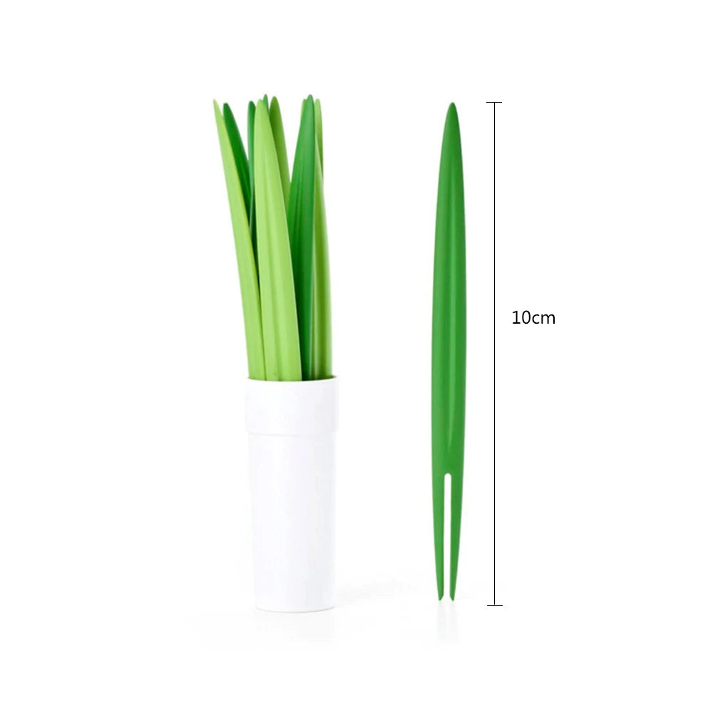 Creative 10pcs/Set Green Bamboo Leaf Fruit Fork Chopsticks