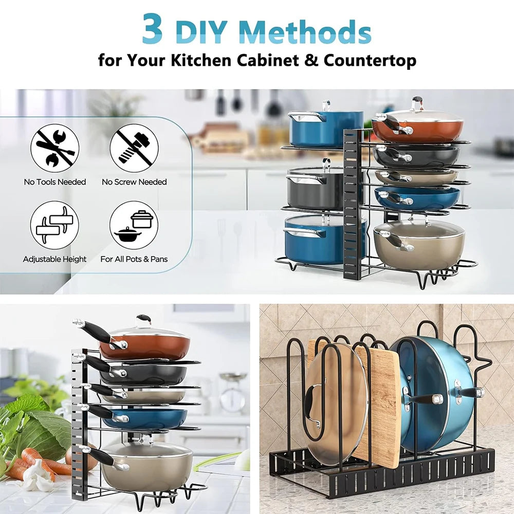 8 Tiers Pan Pot Organizer Rack 3 DIY Methods Adjustable Cabinet Pantry Pots Lids Storage Rack Kitchen Organization