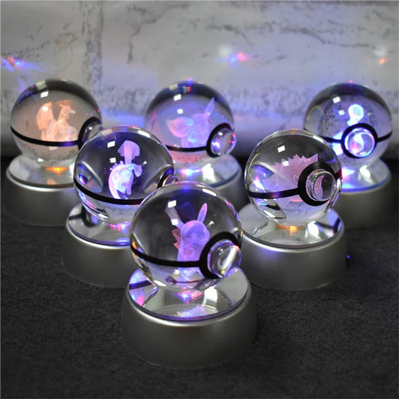 Pokemon 3D Crystal Ball Pikachu Gengar Mew Mewtwo Figurines Lamp Base Pokeball 3D Pokemon Glass Ball Statue Kids Birthday Gift