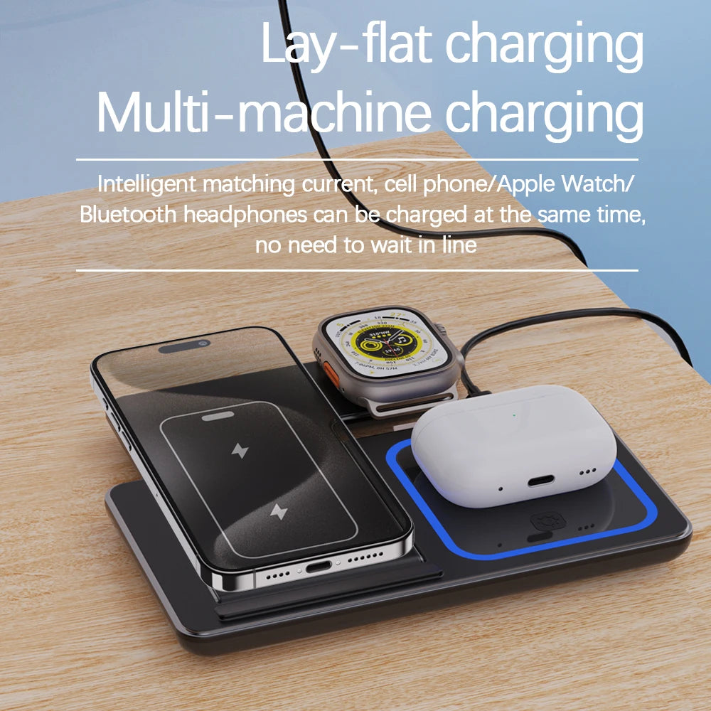 LED Fast Wireless Charger Stand 3 in 1 Foldable Charging Station For iPhone 15 14 13 12 11 Apple Watch 9 8 7 6 5 Airpods Pro