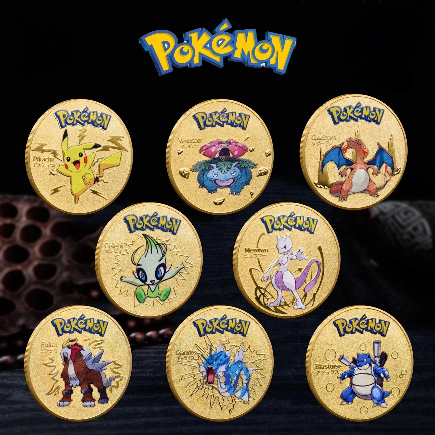 8Pcs Gold Pokemon Coins Pikachu Anime Commemorative Coin Charizard Golden Round Metal Coin Toys