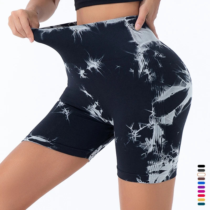 High Waist Butt Lift Shorts Women Seamless Tie Dye Shorts Gym Workout Running High Elastic Fashion Knit Slim Three Point Pants