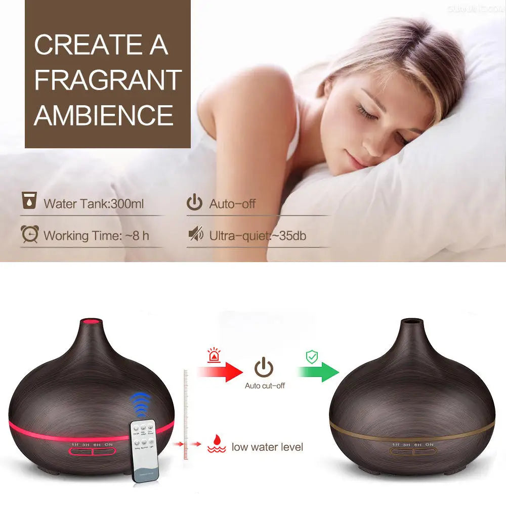 550ml remote control ultrasonic wooden oil essential difusor humidifier aroma mist diffuser with atmosphere LED light