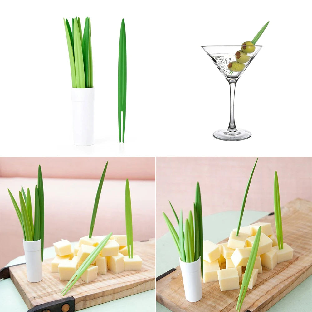 Creative 10pcs/Set Green Bamboo Leaf Fruit Fork Chopsticks