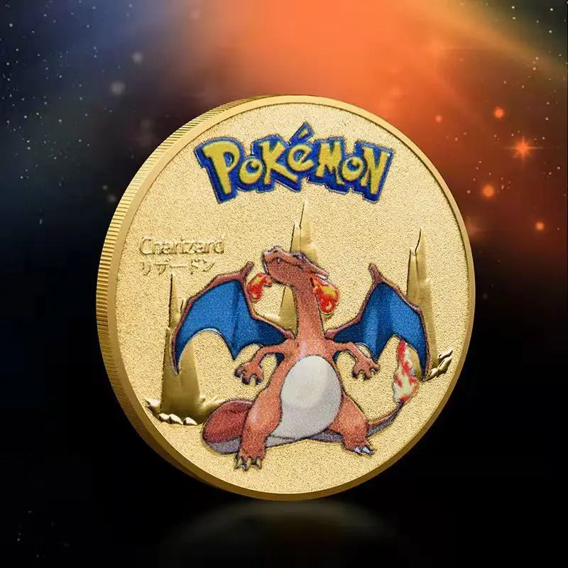 8Pcs Gold Pokemon Coins Pikachu Anime Commemorative Coin Charizard Golden Round Metal Coin Toys