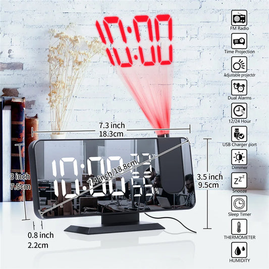 FM Radio Digital Alarm Clock Temp Humidity with 180°  Time Projector Electronic Table Clock 12/24H Snooze Projection LED Clock